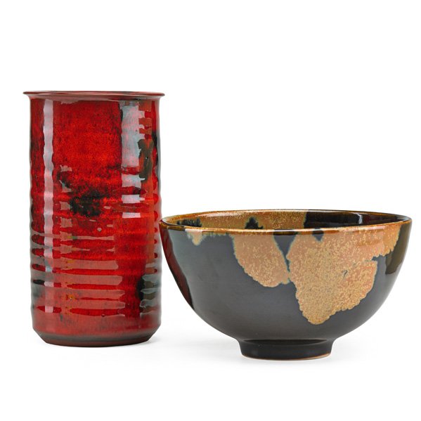 BROTHER THOMAS BEZANSON Vase and tea bowl: BROTHER THOMAS BEZANSON (1929 - 2007) Red flambe vase (as is) and tea bowl in crystalline and Tenmoku glaze, Weston, VT, before 2002; Both marked, twig cypher; 6 1/2" x 3 3/4", 3 1/2" x 6 1/2"