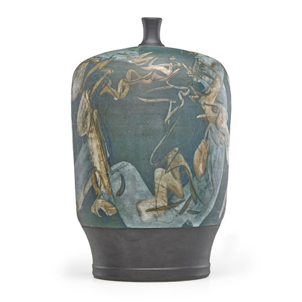 REGIS BRODIE Porcelain vessel: REGIS BRODIE (b. 1942) Large glazed porcelain vessel, "Oval Form," Wilton, NY, ca. 1987; Signed, paper exhibition label; 18" x 11" x 8 1/2" Provenance: Collection of Burt Cureton and Cheryl Traiger, G