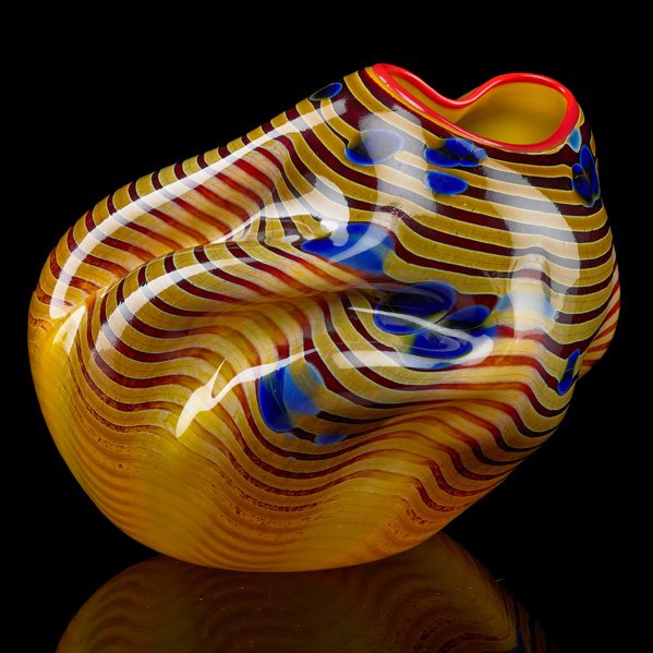 DALE CHIHULY; PORTLAND PRESS Blown glass basket: DALE CHIHULY (b. 1941) PORTLAND PRESS Blown glass Macchia bowl with ruby lip wrap, Seattle, WA, 2001; Signed Chihuly/PP01; 7" x 8" x 7"
