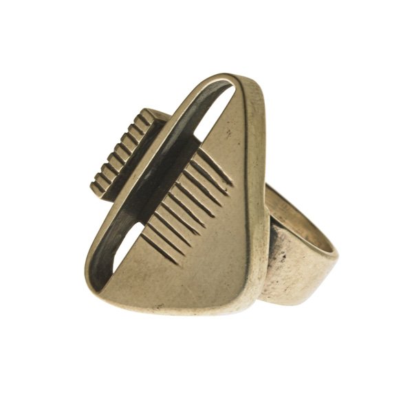 MARGARET DE PATTA Sterling silver ring: MARGARET DE PATTA (1903 - 1964) Sterling silver ring, San Francisco, ca. 1945; Artist's cypher, stamped STERLING; Size 6 1/4 Provenance: 50/Fifty Gallery, Chicago; Published: Structure and Ornament: A