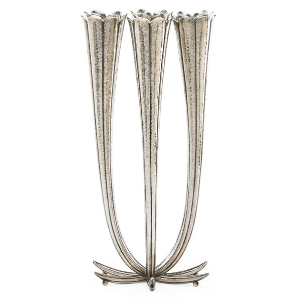 JOSEF HOFFMANN; WIENER WERKSTATTE Candelabrum: JOSEF HOFFMANN (1870 - 1956) WIENER WERKSTATTE Exceptional hammered silver six-light candelabrum, Austria, 1920s; Stamped MADE IN AUSTRIA/WW/JH/900/2W; 12 1/2" x 6 1/2"