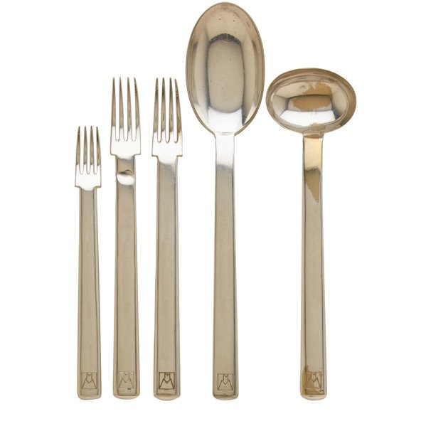 J. HOFFMANN; WIENER WERKSTATTE Rundes Modell: JOSEF HOFFMANN (1870 - 1956) WIENER WERKSTATTE Five alpaca silver utensils in the Rundes Modell pattern, Austria, 1906; All stamped WW with MM monogram for Magda Mautner-Markhof, some with Josef Hoffm