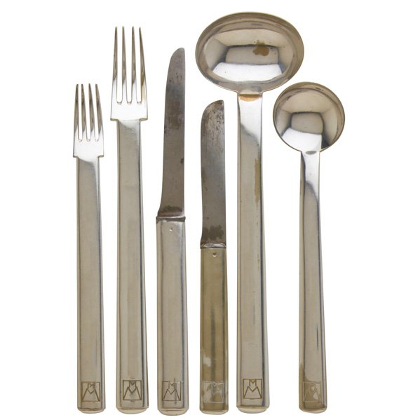 J. HOFFMANN; WIENER WERKSTATTE Rundes Modell: JOSEF HOFFMANN (1870 - 1956) WIENER WERKSTATTE Six-piece alpaca silver flatware set in the Rundes Modell pattern, Austria, 1906; All stamped WW with MM monogram for Magda Mautner-Markhof, some with Jo