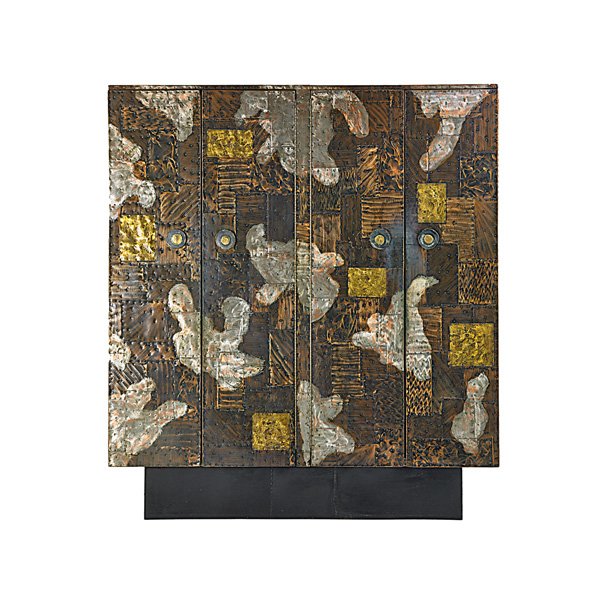 PAUL EVANS Rare four-door Patchwork cabinet: PAUL EVANS (1931 - 1987) PAUL EVANS STUDIO Rare four-door Patchwork cabinet, New Hope, PA, ca. 1968; Patinated copper and bronze, pewter, enameled steel; Unmarked; 82 1/2" x 73 1/2" x 19 3/4"