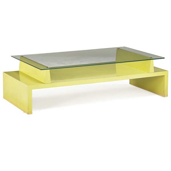 TOMMI PARZINGER; PARZINGER ORIGINALS Coffee table: TOMMI PARZINGER (1903 - 1981) PARZINGER ORIGINALS Coffee table, New York, 1960s; Lacquered wood, glass; Unmarked; 15" x 54" x 27 1/2"