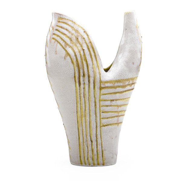 GUIDO GAMBONE Open vessel: GUIDO GAMBONE (1909 - 1969) Glazed earthenware vessel with spout, Italy, 1960s; Signed Gambone Italy with donkey mark; 12 1/2" x 8"