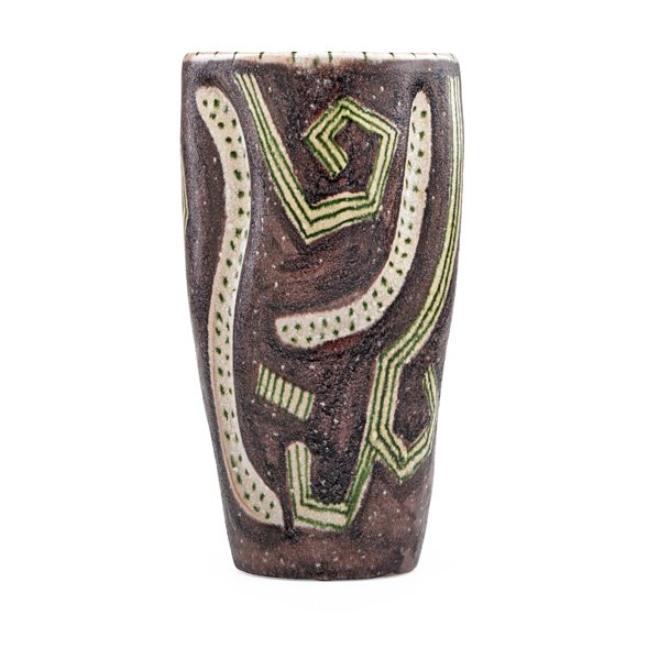 GUIDO GAMBONE Vessel: GUIDO GAMBONE (1909 - 1969) Glazed earthenware vessel, Italy, 1960s; Signed Gambone, Italy with donkey mark; 11 1/4" x 6"