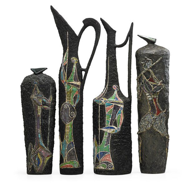 MARCELLO FANTONI Four tall vases w/ figures: MARCELLO FANTONI (b. 1915) Four tall glazed earthenware vases with figures, Italy, 1950s/60s; All signed Fantoni, three with Italy; Tallest: 28"