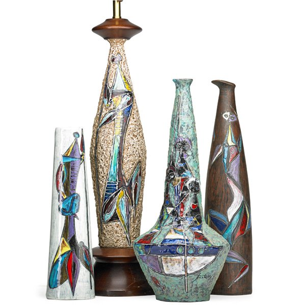 MARCELLO FANTONI Two lamps, two vessels: MARCELLO FANTONI (b. 1915) Four glazed earthenware vessels: two lamp bases and two vases,all decorated with figures, Italy, 1950s; Three marked Fantoni Italy, one marked Fantoni, tallest vase for Raym
