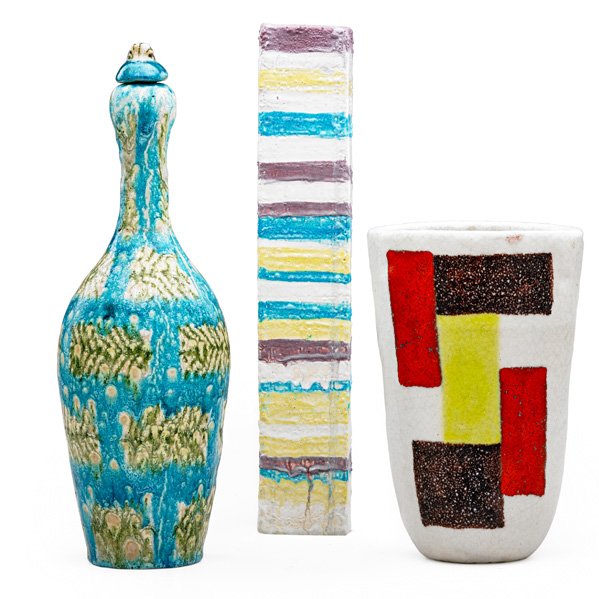 GUIDO GAMBONE Three vessels: GUIDO GAMBONE (1909 - 1969) Three glazed earthenware vessels, Italy, 1960s; All signed Gambone Italy with donkey mark; Tallest: 12 3/4"