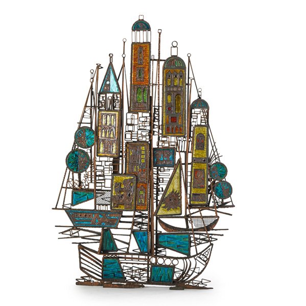 VIRGILIO BARI; STUDIO DEL CAMPO Sculpture: VIRGILIO BARI STUDIO DEL CAMPO Wall-hanging sculpture, Italy, ca. 1965; Copper-washed ironwork, enameled copper; Raised signature; 48" x 32" x 5"