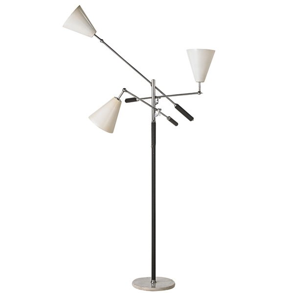 ARREDOLUCE Triennale floor lamp: ARREDOLUCE Triennale floor lamp, Monza, Italy, 1950s; Chromed-plated brass, enameled steel and aluminum, marble, three sockets; Stamped MADE IN ITALY; As shown: 75 1/2" x 42" x 36"
