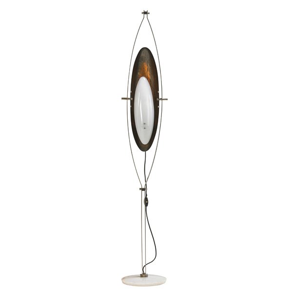 ANGELO LELLI (Attr.) Floor lamp: ANGELO LELLI (Attr.) Adjustable floor lamp, Italy, 1950s; Chromed steel, patinated brass, acrylic, marble; Unmarked; 60" x 10 1/2" x 10"