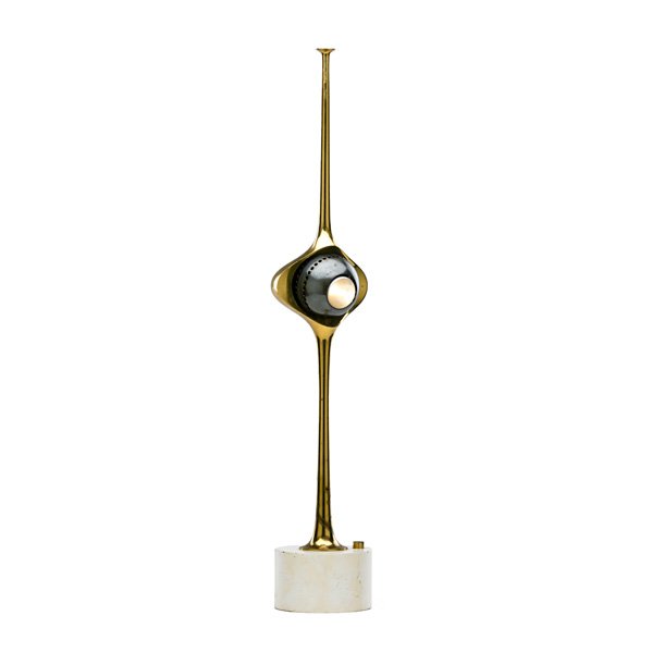 ANGELO LELLI: ARREDOLUCE Cobra lamp: ANGELO LELLI ARREDOLUCE Adjustable Cobra lamp, Monza, Italy, 1960s; Brass, enameled and patinated metal; Paper Arredoluce label; 24 1/2" x 4 1/4" dia.