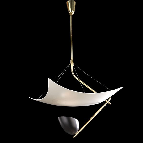 ANGELO LELLI; ARREDOLUCE Ceiling lamp: ANGELO LELLI ARREDOLUCE Ceiling lamp, Italy, 1950s; Enameled aluminum, brass, wire; Unmarked; To ceiling cap: 40" x 24" x 20 1/2"