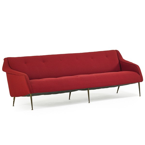 CARLO DI CARLI; SINGER AND SONS Sofa: CARLO DI CARLI (1910 - 1971) SINGER AND SONS Sofa, Italy, 1950s; Upholstery, brass; Unmarked; 30" x 92" x 33"