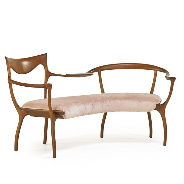 CECCOTTI COLLEZIONI Bench: CECCOTTI COLLEZIONI Sculpted bench, Italy, 1990s; Cherry, frosted glass, upholstery; Branded; 32 1/2" x 65" x 24", depth of curve: 29"