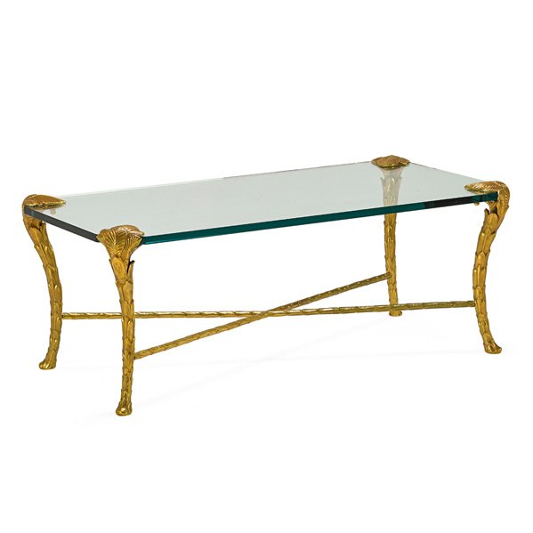 MAISON JANSEN Coffee table: MAISON JANSEN Coffee table, France, 1950s; Gilt bronze, glass; Unmarked; 16 1/2" x 44 1/2" x 22"