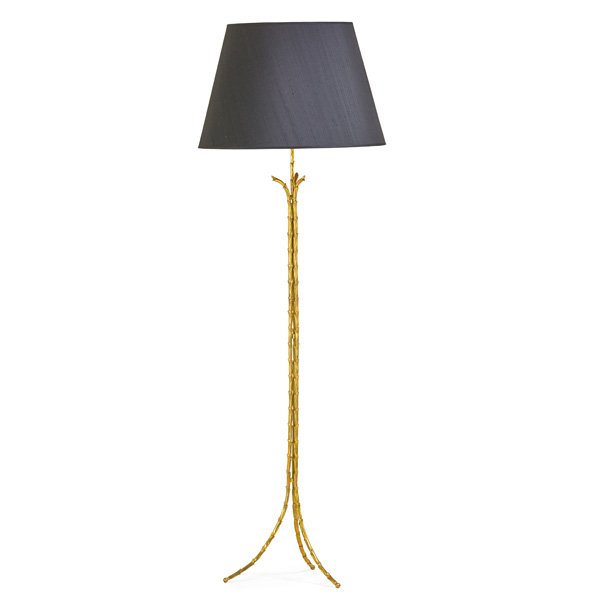 MAISON BAGUES Floor lamp: MAISON BAGUES Floor lamp, France, 1950s; Gilt bronze, paper shade, three sockets; Unmarked; 71" x 24", base: 57"