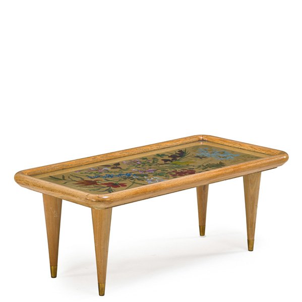 JEAN ROYERE Coffee table: JEAN ROYERE (1902 - 1981) "Herbier" coffee table, France, 1960s; Sycamore, glass, bronze; Jean Royere tag; 14" x 35 1/2" x 17 3/4" Provenance: Christie's, sale 2714, 6/13/13, lot 349; Galerie Neo Sens