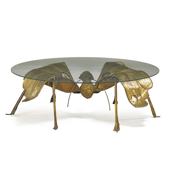 JACQUES DUVAL-BRASSEUR Illuminated coffee table: JACQUES DUVAL-BRASSEUR Illuminated coffee table, France, 1970s; Patinated brass, agate, glass; Unmarked; 14" x 40 1/2" dia.