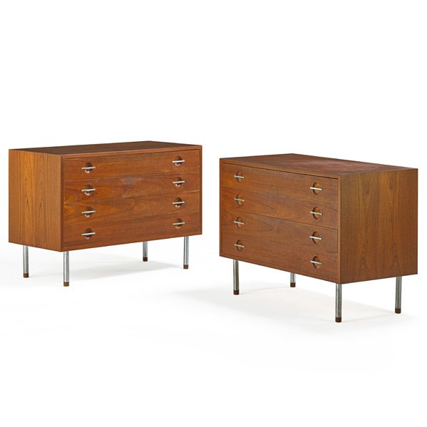 HANS WEGNER; R.Y. MOBLER Pr. dressers, vanity: HANS WEGNER R.Y. MOBLER Pair of dressers with vanity, Denmark, 1960s; Teak, matte-chromed steel; Unmarked; 28 1/4" x 39 1/2" x 19 1/4"