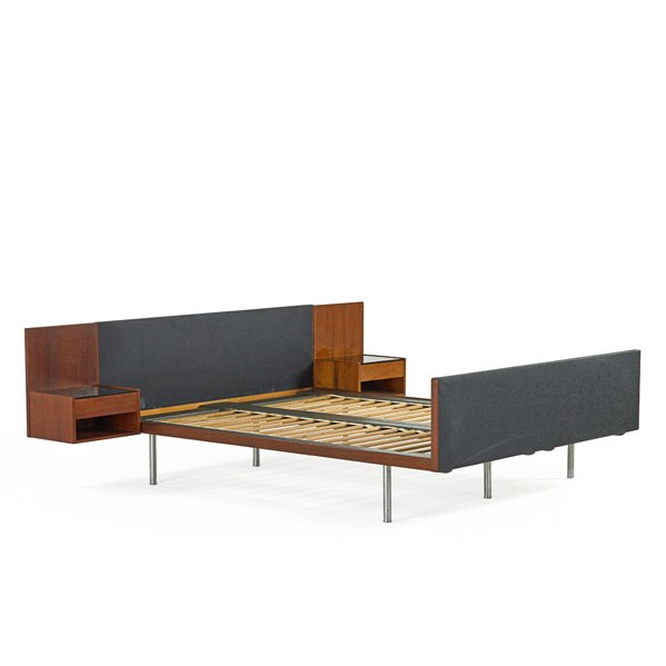 HANS WEGNER; GETAMA Full-size bed frame: HANS WEGNER (1914 - 2007) GETAMA Full-size bed frame, Denmark, 1960s; Teak, matte-chromed steel, black glass, leather; Branded; 30" x 91 1/2" x 81 1/2", inside: 78 1/2" x 59"