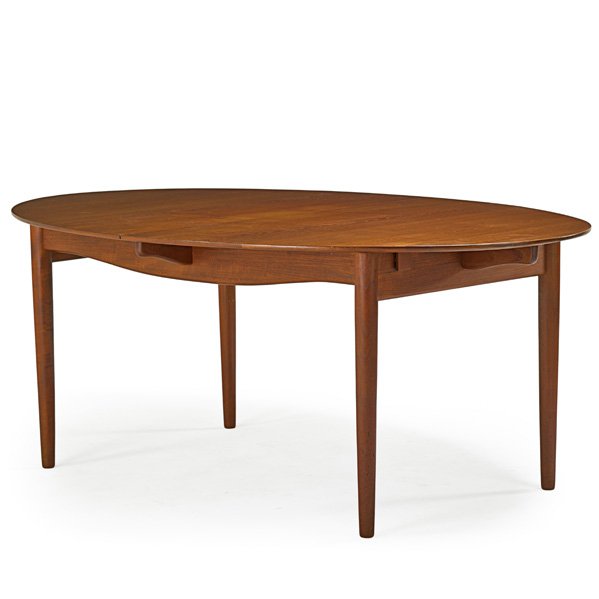 FINN JUHL; NIELS VODDER Teak dining table: FINN JUHL (1912 - 1989) NIELS VODDER Teak dining table, Denmark, 1950s; Illums Bolingus metal tag; 28 1/2" x 71" x 47", two leaves: 21"