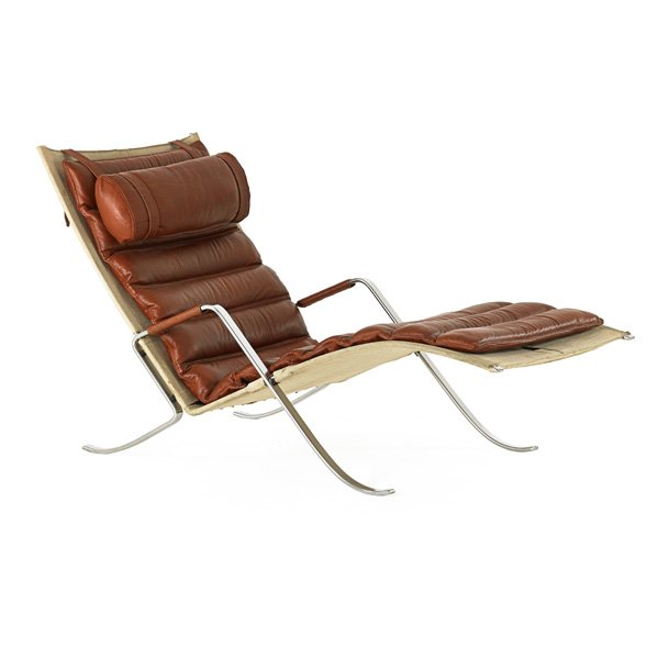 FABRICIUS; KASTHOLM Grasshopper lounge: PREBEN FABRICIUS (1931 - 1984) JORGEN KASTHOLM (1931 - 2007) ALFRED KILL Grasshopper lounge chair, Denmark, 1960s; Chromed steel, leather, canvas; Unmarked; 32 1/2" x 28 1/4" x 57" Provenance: Wright,