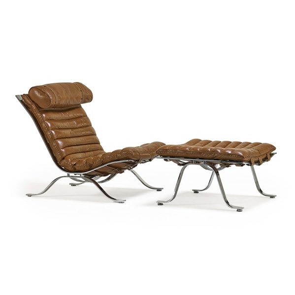 ARNE NORELL; NORELL Ari lounge chair and ottoman: ARNE NORELL (1917 - 1971) NORELL Ari lounge chair and ottoman, Sweden, 1960s; Chromed steel, leather; Unmarked; Chair: 32" x 25 1/2" x 35", ottoman: 16" x 25 1/2" x 26" Provenance: Wright, November 20