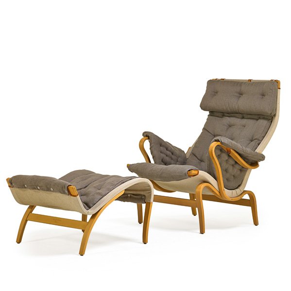 BRUNO MATHSSON Pernilla lounge chair and ottoman: BRUNO MATHSSON (1907 - 1988) FIRMA KARL MATHSSON Pernilla lounge chair and ottoman, Sweden, 1970s; Laminated beech, canvas, brass, leather; Branded; Chair: 38 1/2" x 33 1/2" x 38", ottoman: 17" x 24 1