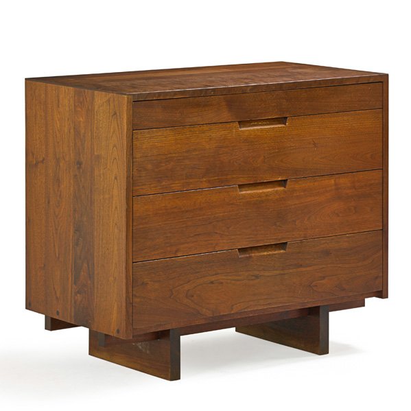 GEORGE NAKASHIMA Dresser: GEORGE NAKASHIMA (1905 - 1990) NAKASHIMA STUDIOS Walnut four drawer dresser, New Hope, PA, 1965; Signed with client name; 32" x 36" x 20" Provenance available: Copy of original order card