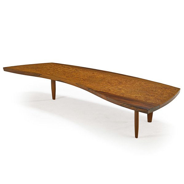 GEORGE NAKASHIMA; WIDDICOMB Coffee table: GEORGE NAKASHIMA (1905 - 1990) WIDDICOMB Coffee table (no. 200-84W), USA, 1961; Burled Carpathian elm, walnut, rosewood; Manufacturer's decal and stenciled marks; 13" x 84" x 32"