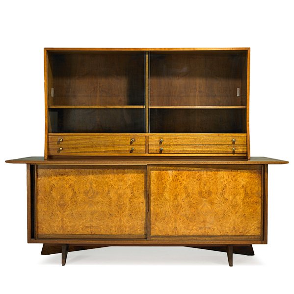 GEORGE NAKASHIMA; WIDDICOMB Cabinet with vitrine: GEORGE NAKASHIMA (1905 - 1990) WIDDICOMB Origins cabinet with vitrine (no. 205), Grand Rapids, MI, 1905s; Laurel, carpathian elm, walnut, brass; Fabric label and branded; Overall: 66" x 84" x 22 1/2"