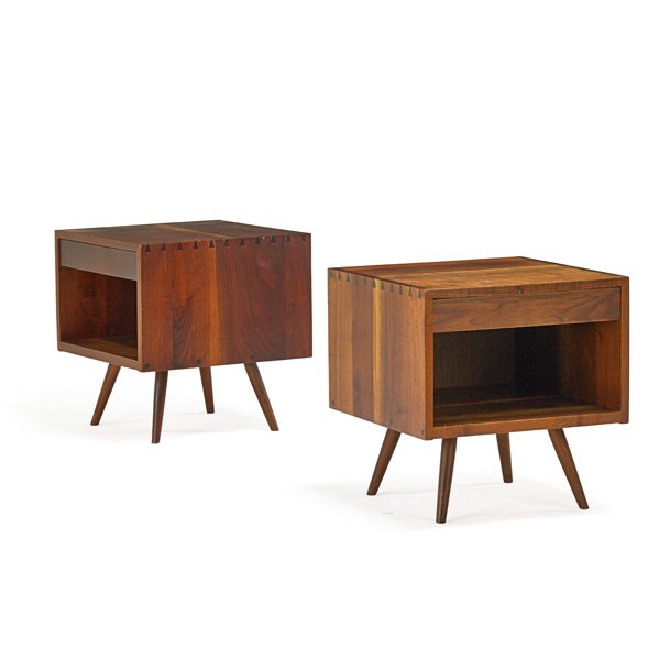 GEORGE NAKASHIMA Pair of nightstands: GEORGE NAKASHIMA (1905 - 1990) NAKASHIMA STUDIOS Pair of walnut Swett nightstands, New Hope, PA, 1964; Unmarked; 21" x 20" x 20" Provenance available: Copy of original order card and letter of authent