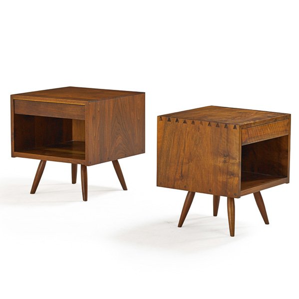 GEORGE NAKASHIMA Two nightstands: GEORGE NAKASHIMA (1905 - 1990) NAKASHIMA STUDIOS Two walnut nightstands, New Hope, PA, 1965; Unmarked; Larger: 21" x 20" x 20" Provenance available: Copy of original order card for one nightstand