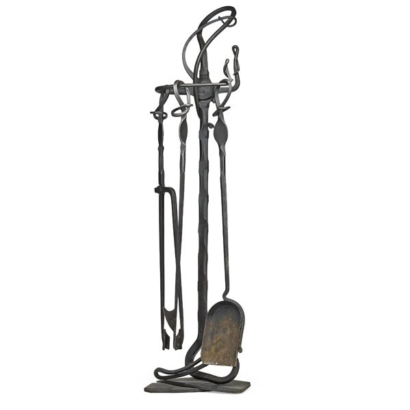 ALBERT PALEY Fire tool set: ALBERT PALEY (b. 1944) Exceptional and tall four-piece wrought iron fire tool set, 1992; Stamped Albert Paley 1992; Stand: 45 1/4" x 11 1/4" x 10"