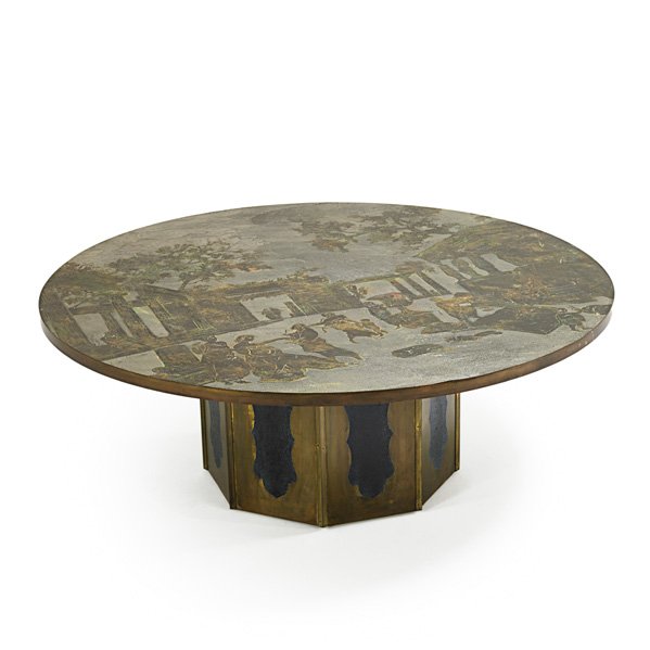 PHILIP AND KELVIN LaVERNE Odyssey coffee table: PHILIP LaVERNE (1908 - 1988) KELVIN LaVERNE (b. 1936) Odyssey coffee table, New York, 1960s; Etched, patinated and polychromed bronze, pewter; Raised signature; 17 1/2" x 47 1/2" dia.