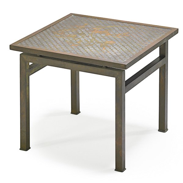 PHILIP LaVERNE; KELVIN LaVERNE Kuan Su side table: PHILIP LaVERNE (1908 - 1988) KELVIN LaVERNE (b. 1936) Kuan Su side table, New York, 1960s; Etched and patinated bronze, pewter; Paper label; 16" x 18 1/4" sq.