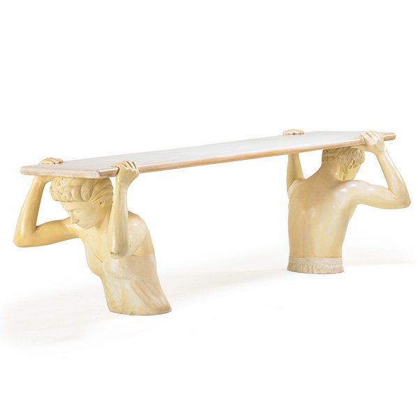 BOB TROTMAN Figural sofa table: BOB TROTMAN (b. 1947) Figural sofa table, North Carolina; Carved and painted wood; Unmarked; 30 1/2" x 33 1/2" x 89" Provenance: Original owners, purchased from the artist.