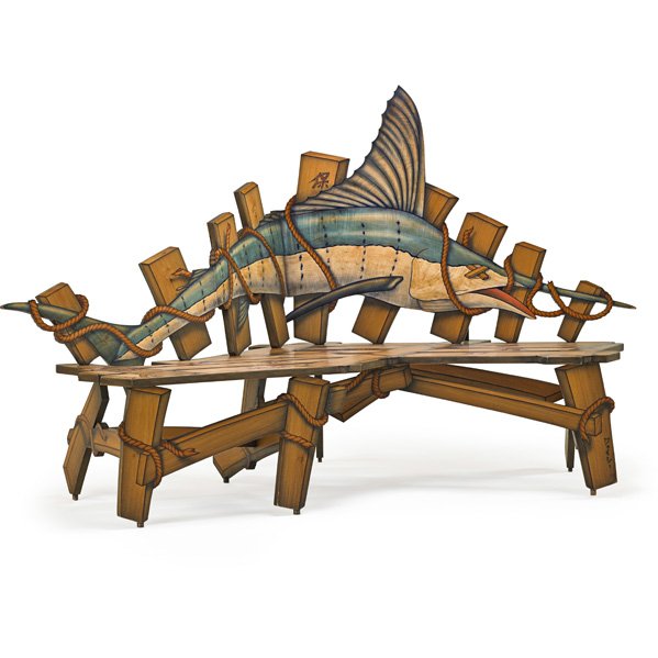 JOHN CEDERQUIST Folding fish bench: JOHN CEDERQUIST (b. 1946) Folding fish bench from the "Conservation Series," California, 1991-2007; Mixed woods, aniline dyes and epoxy resin; Signed; 49" x 81" x 36" Provenance: Original owners, purc