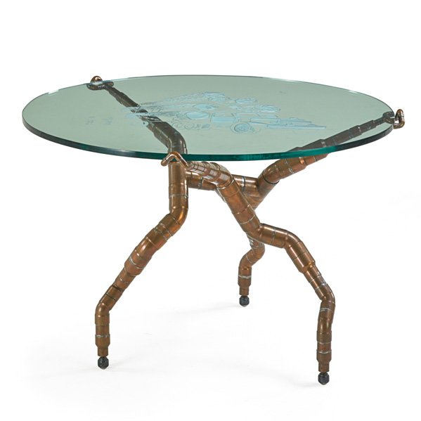 JOEL OTTERSON Table: JOEL OTTERSON (b. 1959) Table, Los Angeles, CA; Copper, etched glass; Unmarked; 30" x 44" x 38" Provenance: Original owners, purchased from the artist