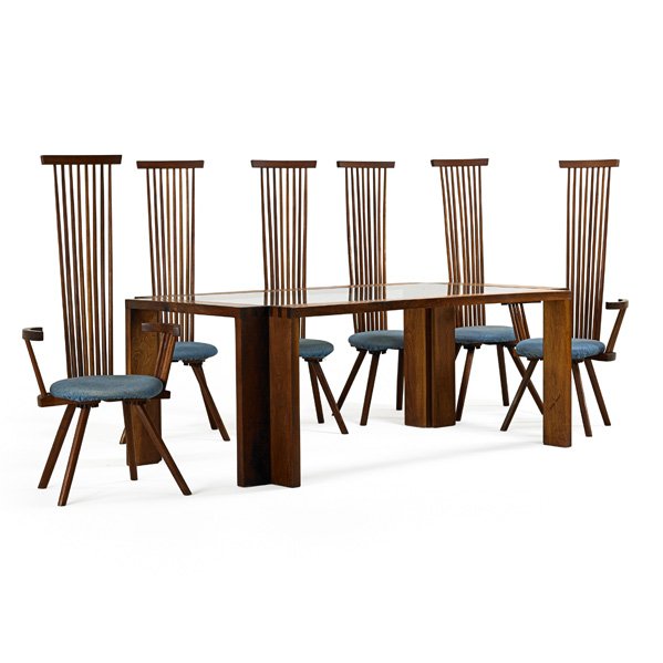 JEFFREY GREENE Dining table and six chairs: JEFFREY GREENE (b. 1943) Dining table and six tall-back chairs, four side-, two arm-, New Hope, PA, 1980s; Walnut, glass, upholstery; All signed; Dining table: 29 1/2" x 78" x 45 1/4", armchair: 54 1/