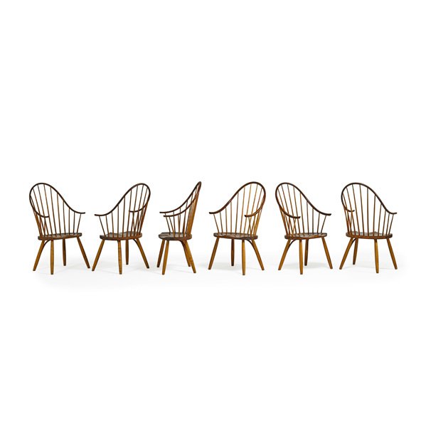 THOMAS MOSER Set of six Continuous Arm chairs: THOMAS MOSER ( Set of six Continuous Arm Chairs, New Gloucester, MD, 1980; Cherry, maple, hickory; All signed and dated, client's name; 41" x 23 1/2" x 20"