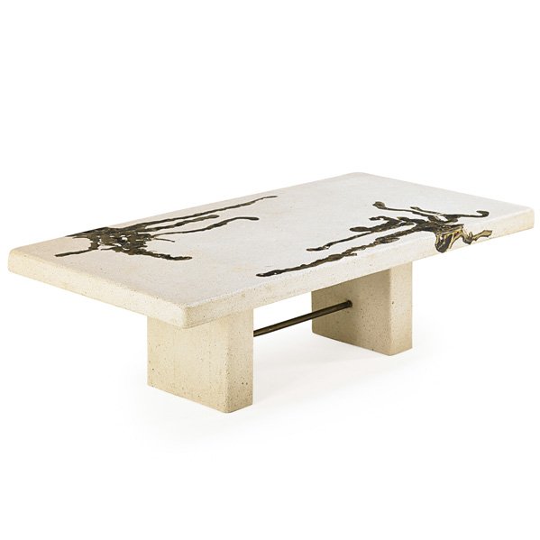 SILAS SEANDEL Coffee table: SILAS SEANDEL (b. 1937) Coffee table, New York, 1970s; Concrete, textured and patinated bronze; Incised Silas Seandel; 16" x 54" x 28"