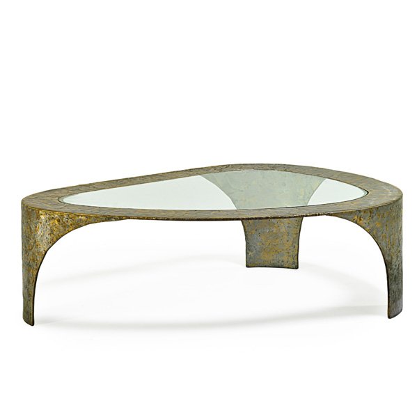 SILAS SEANDEL Duomo coffee table: SILAS SEANDEL (b. 1937) Duomo coffee table, New York, 1970s; Textured bronze, pewter, glass; Incised Silas Seandel; 16" x 51 1/2' x 37" Provenance: Original owner