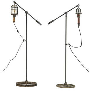 JASON WEIN; CLEVELAND ART Pr. Floor lamps: JASON WEIN (b. 1970) CLEVELAND ART Pair of floor lamps, Cleveland, OH, 2012; Reclaimed and patinated industrial metal parts, single sockets; Unmarked; Larger (as shown): 72" x 29" x 18"