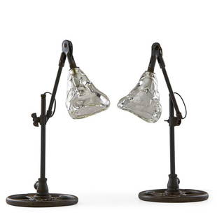 JASON WEIN; CLEVELAND Three lamps: JASON WEIN (b. 1970) CLEVELAND ART Adjustable floor lamp and pair of adjustable table lamps, Cleveland, OH, 2012; Reclaimed and patinated industrial metal parts, blown glass, single sockets; Shades si