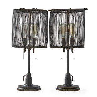 JASON WEIN; CLEVELAND ART Pr. table lamps: JASON WEIN (b. 1970) CLEVELAND ART Pair of table lamps, Cleveland, OH, 2012; Reclaimed and patinated industrial metal parts, two sockets; Unmarked; 26" x 12" dia.