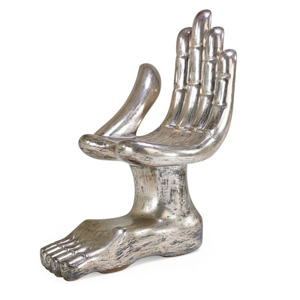 PEDRO FRIEDEBERG Hand and Foot chair: PEDRO FRIEDEBERG (b. 1937) Hand and Foot chair, Mexico, 1960s; Carved, gessoed and silvered Mexican mahogany; Unmarked; 36" x 20" x 35" Note: Complete with certificate of authenticity